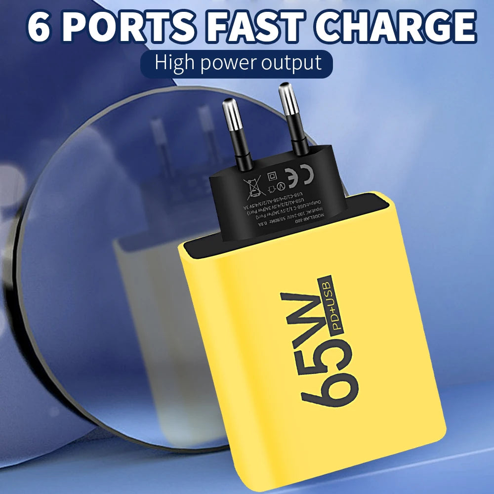 Yellow charging adapter with multiple ports on a blue background