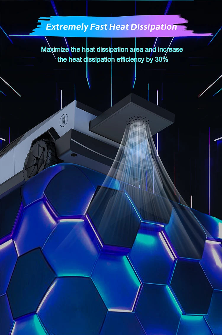 Illustration of a high-tech cooling system with hexagonal patterns and text about heat dissipation.
