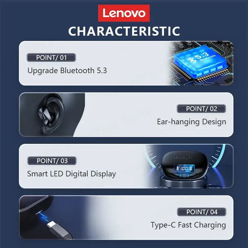Lenovo product feature card highlighting Bluetooth 5.3, ear-hanging design, smart LED digital display, and Type-C fast charging