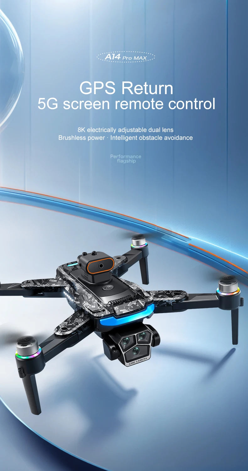Drone with text about GPS return and 5G screen remote control on a blue background