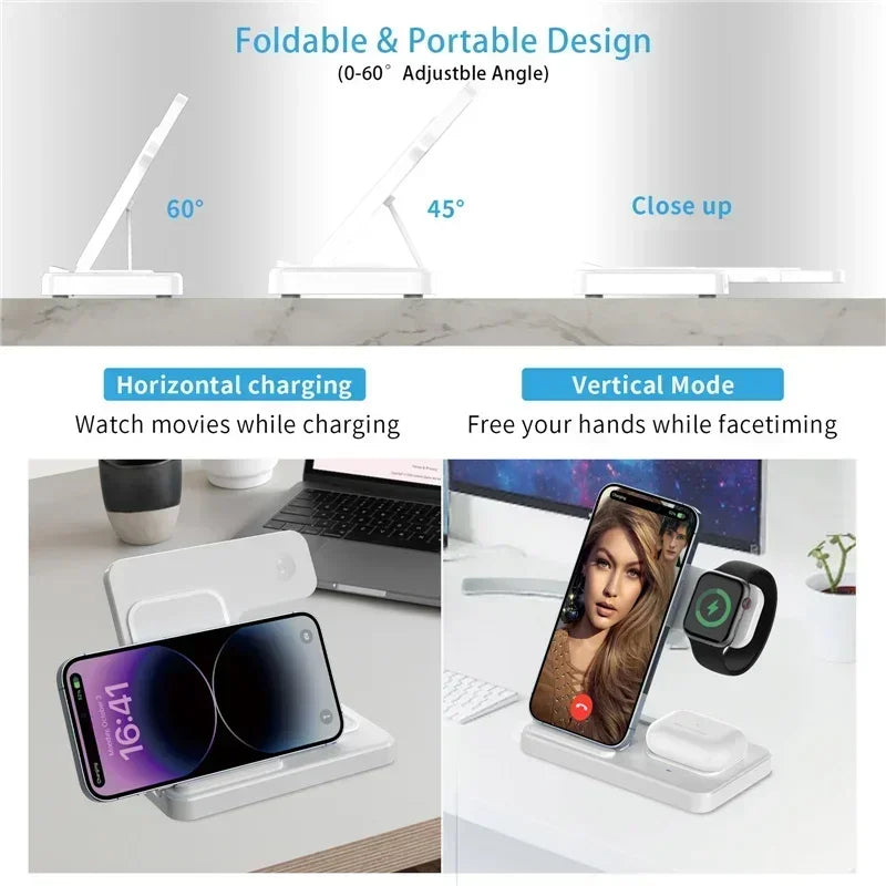 Foldable and portable charging station with smartphone and smartwatch on a desk.