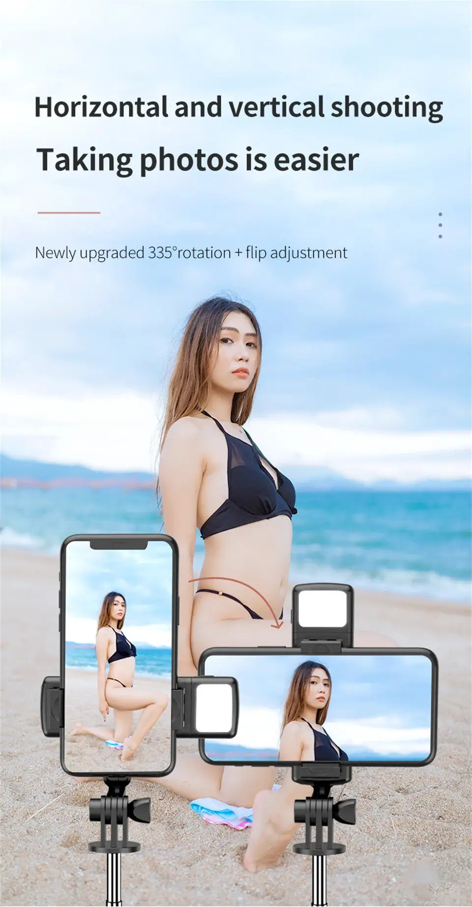 Woman in a bikini on a beach with smartphone screens displaying different angles of her
