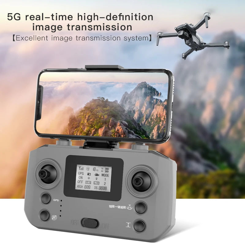 Drone control station with screen displaying mountain view, 5G real-time high-definition image transmission text.