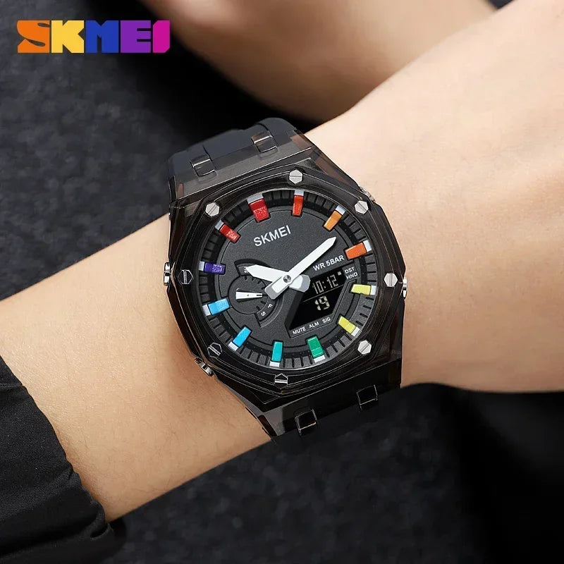 SKMEI black wristwatch with colorful hour markers and dual display worn on wrist