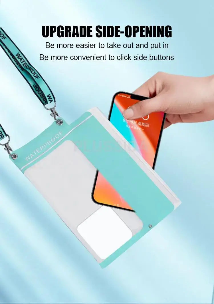 Waterproof phone case with side-opening feature held by a hand on a light blue background