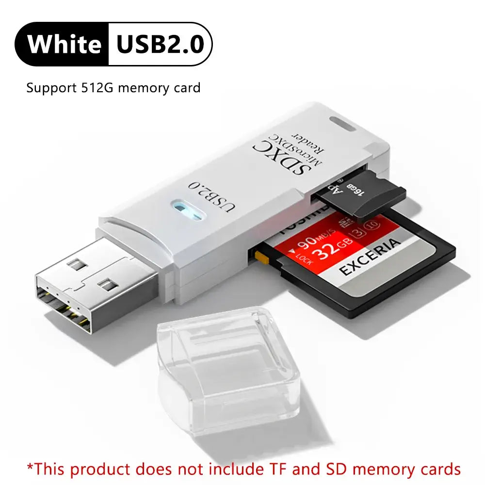 White USB 2.0 memory card reader with an SD card on a white background