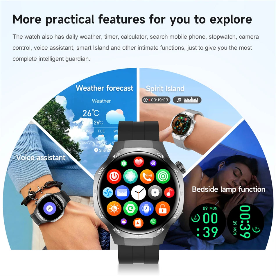 Smartwatch with various features displayed on a white background