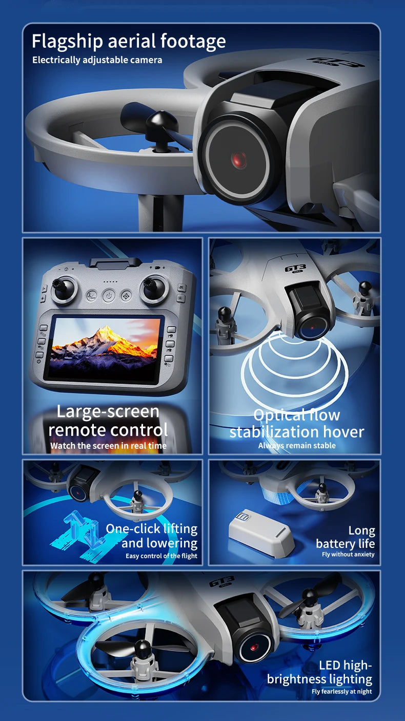 Promotional image of a drone with features highlighted on a blue background