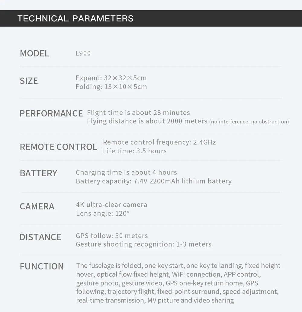 Technical specifications of a drone model L900 on a white background