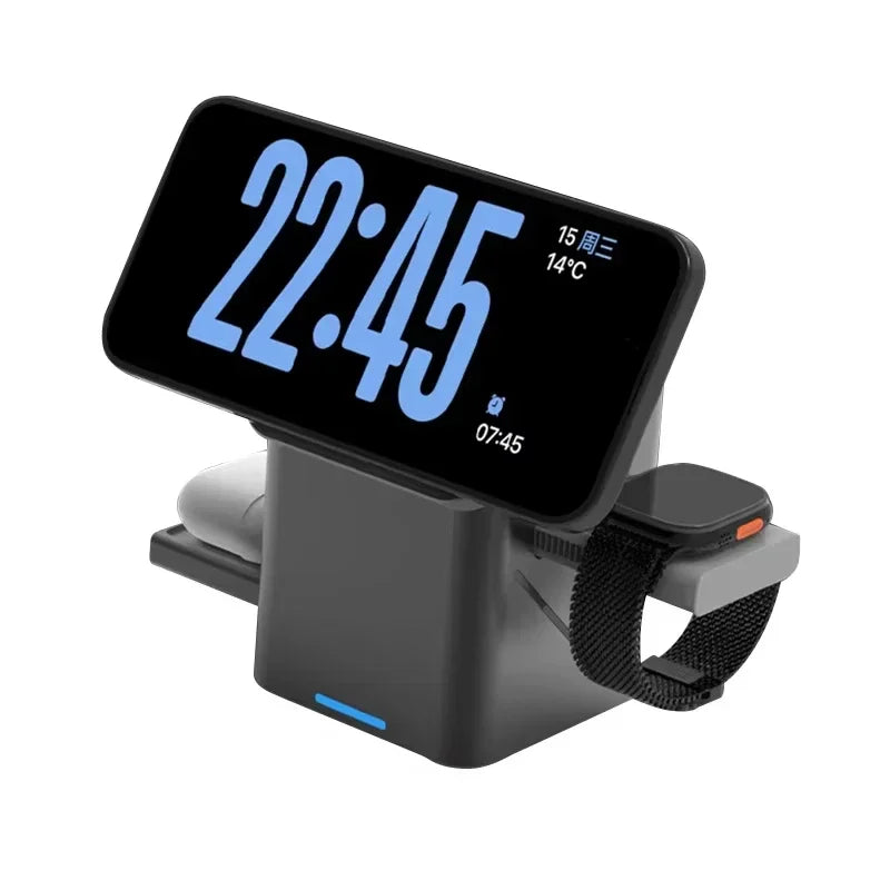 Phone dock with digital clock display on a white background