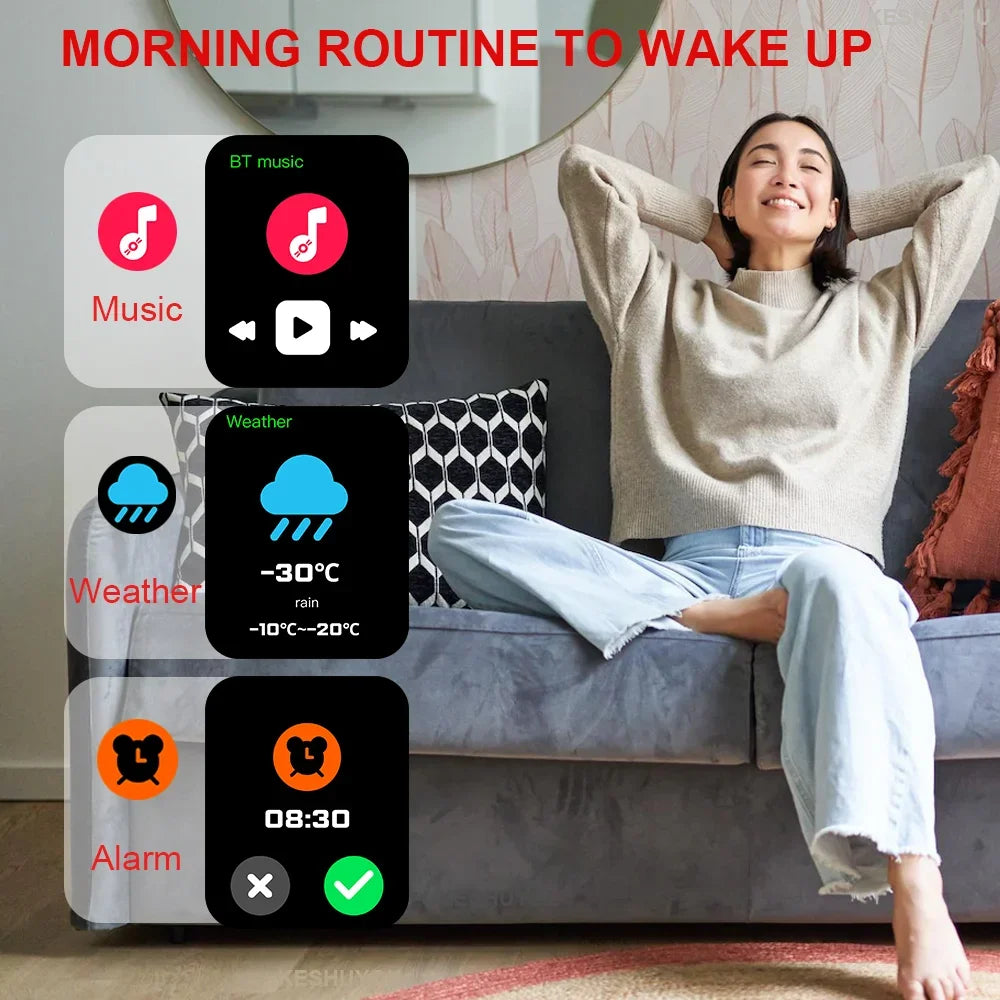 Woman sitting on a couch with a digital display overlay showing morning routine elements.