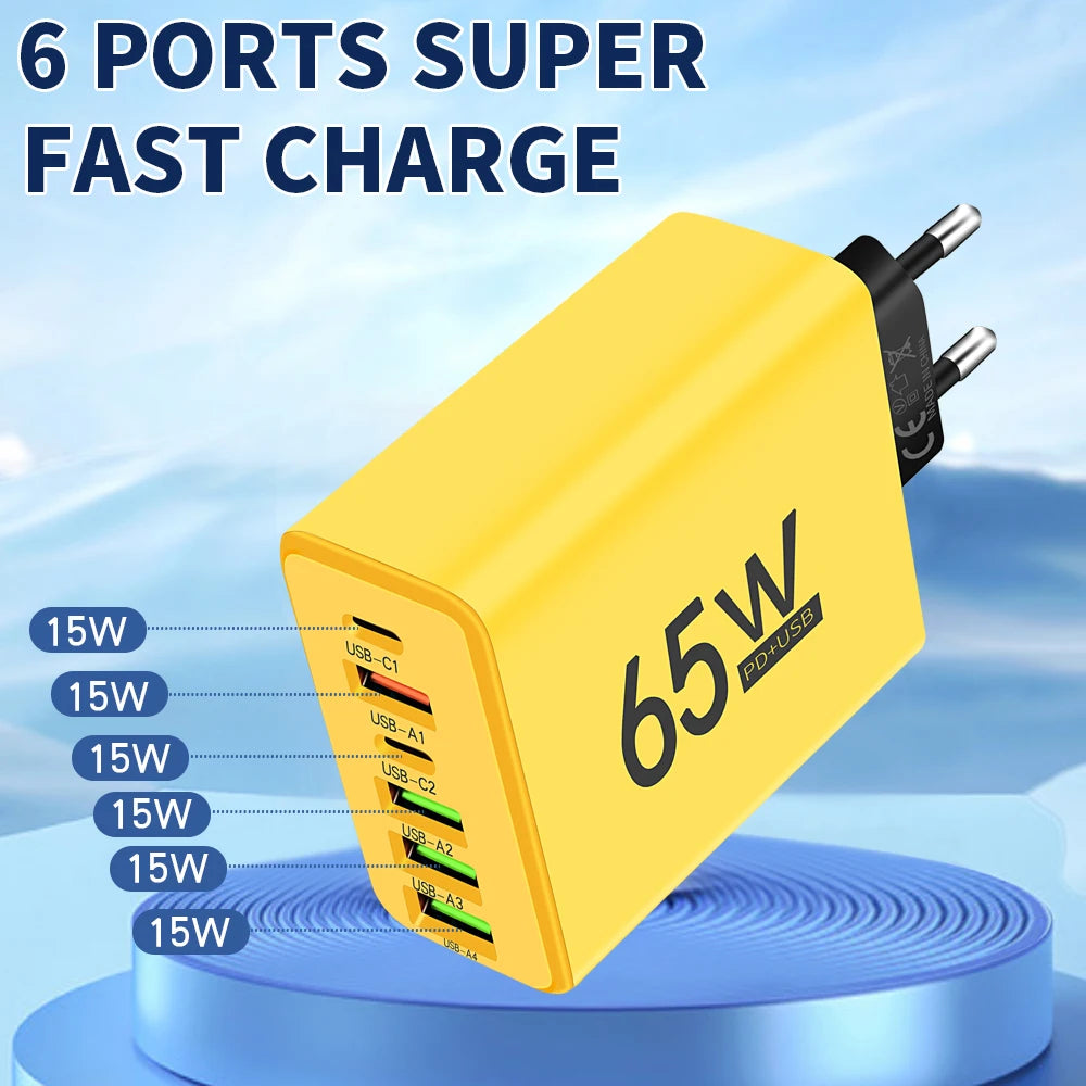 Yellow 65W multi-port charger with text indicating '6 Ports Super Fast Charge' on a blue gradient background.