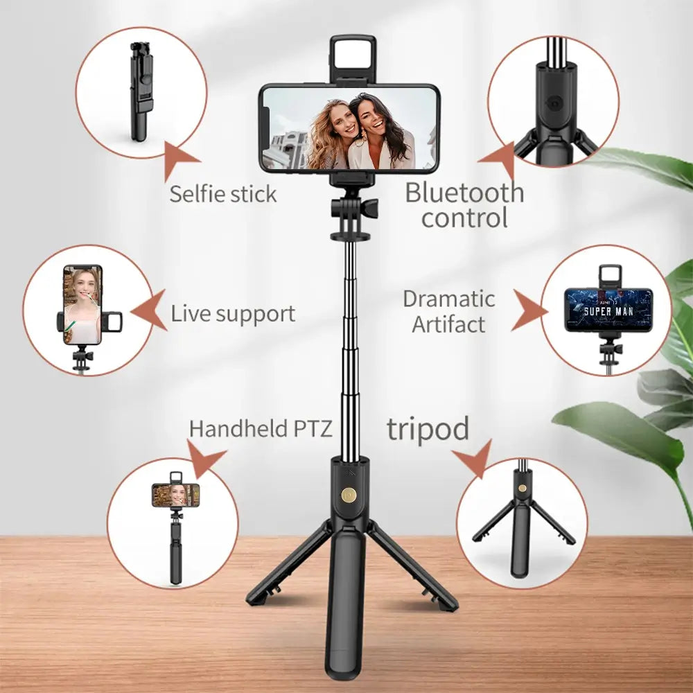 Wireless smartphone selfie stick with features highlighted on a light background