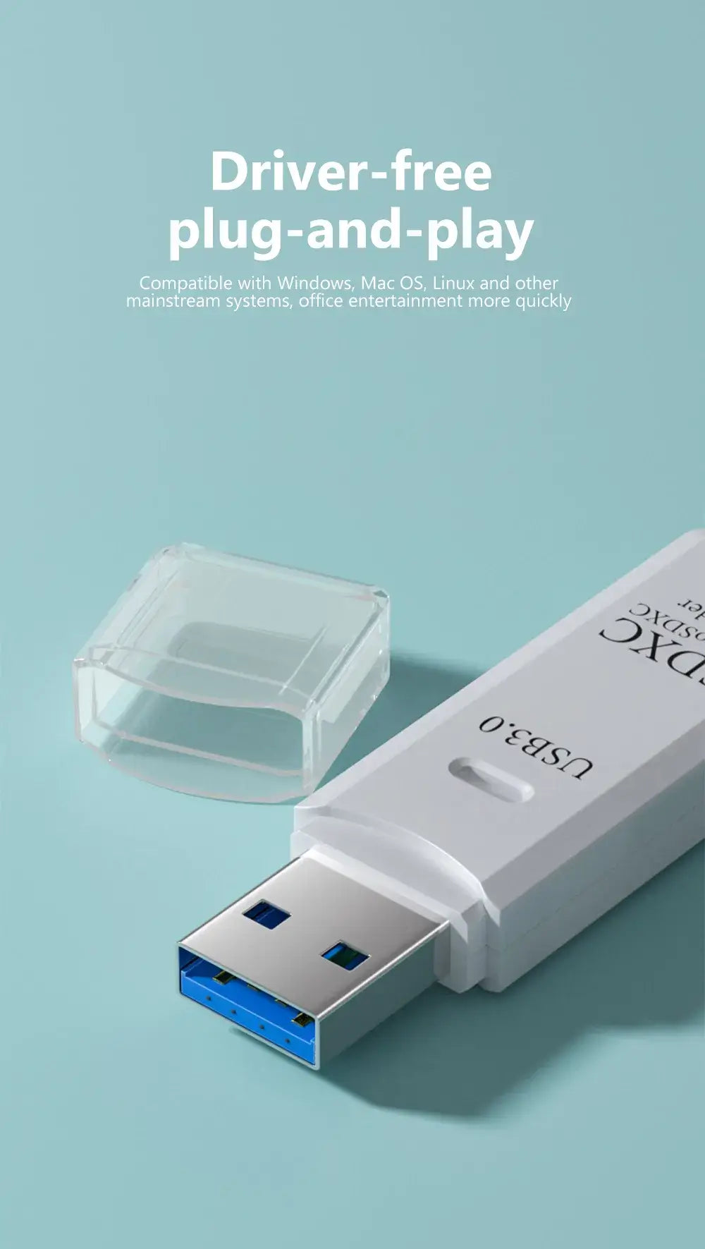 USB adapter with clear cover on a light blue background