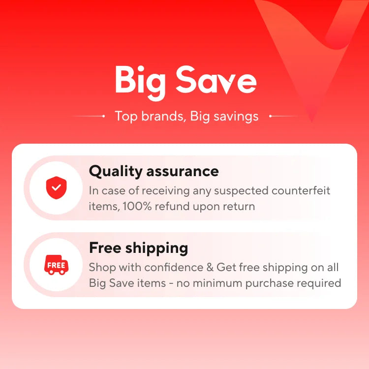 Promotional banner for 'Big Save' with quality assurance and free shipping features on a red and pink gradient background.