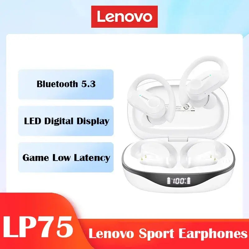Lenovo Sport Earphones with charging case displayed on a light blue background