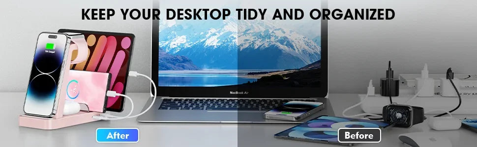 Before and after comparison of a desk setup with a laptop, phone, and stationery.