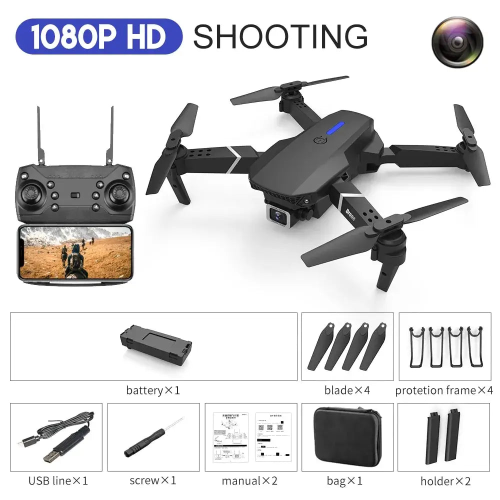 E88 Pro black foldable drone with remote control, camera, and accessories on a white background