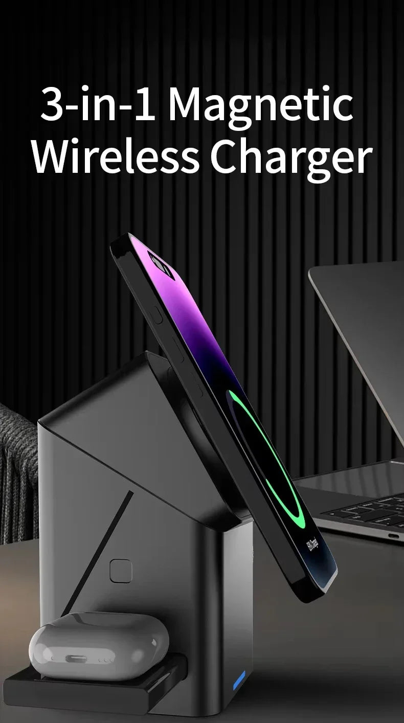 3-in-1 Magnetic Wireless Charger with smartphone, watch, and laptop on a dark background