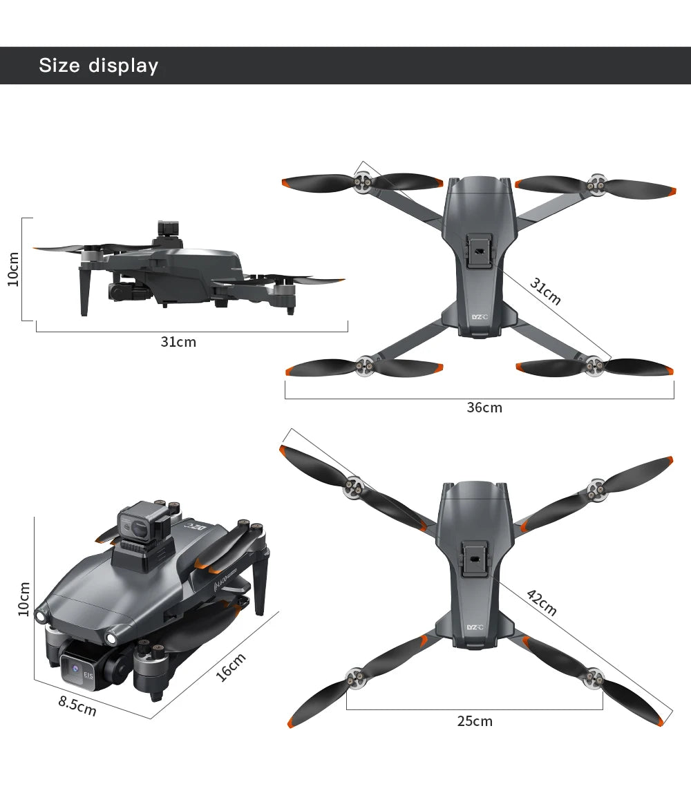 Measurement chart of a drone with dimensions labeled