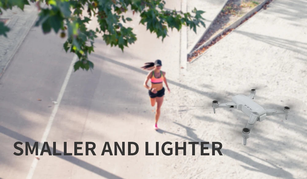 Person running on a road with a drone in the foreground, labeled 'Smaller and Lighter'.