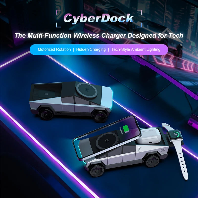 CyberDock multi-function wireless charger with tech-style design on a dark background
