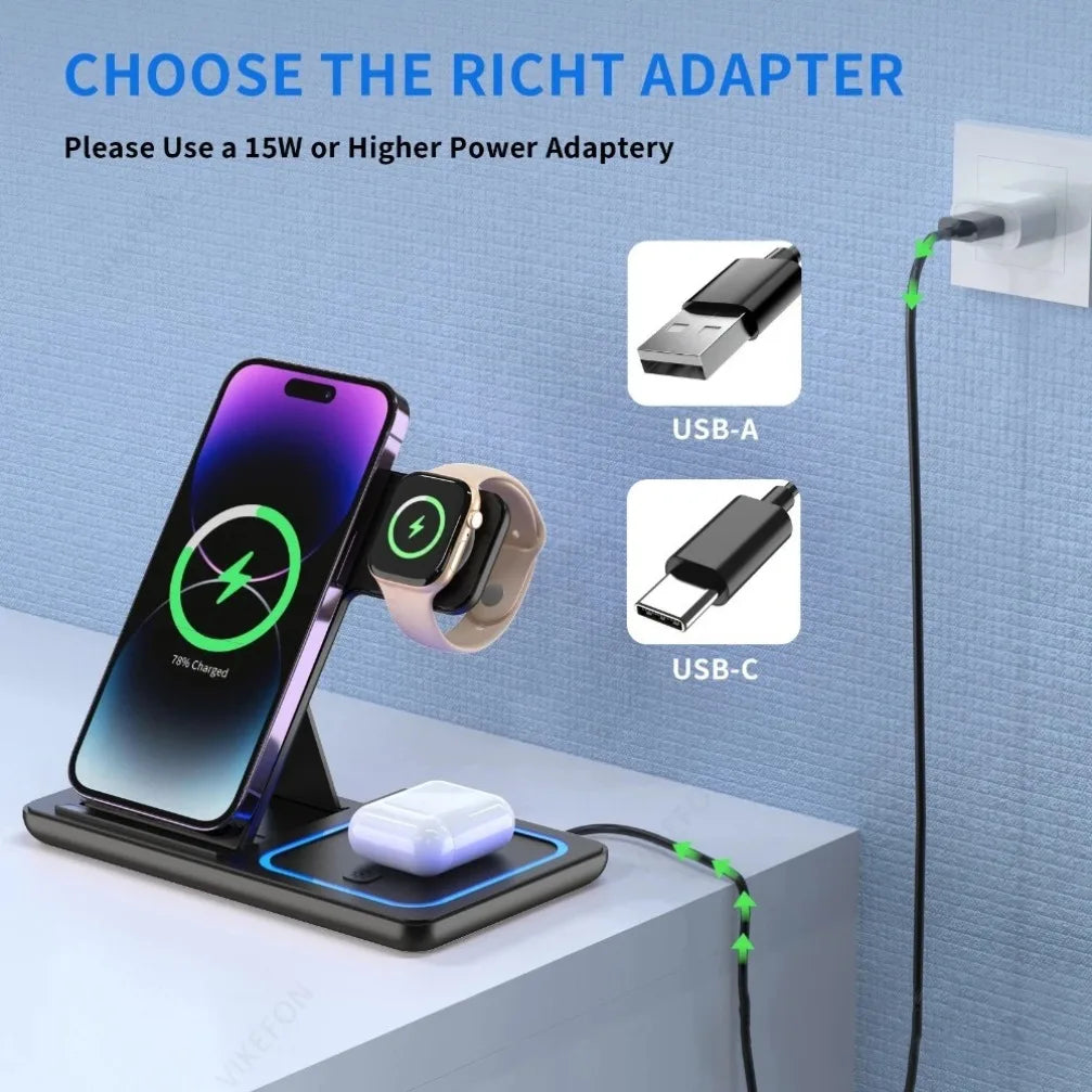3 in 1 wireless charging station for iPhone Apple Watch and AirPods showing USB-A and USB-C adapter options with 15W or higher requirement.