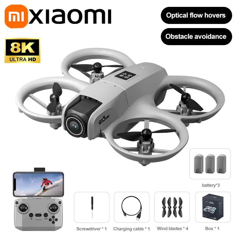 Xiaomi drone with 8K ultra HD camera and obstacle avoidance features on a white background.
