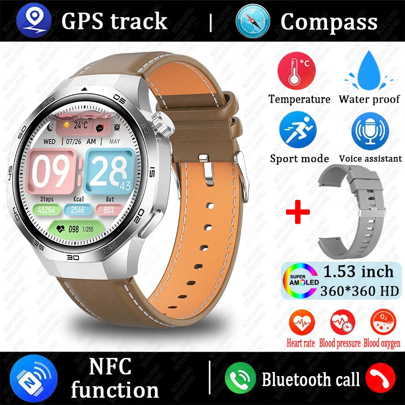 Smartwatch with brown leather strap and features listed on a white background
