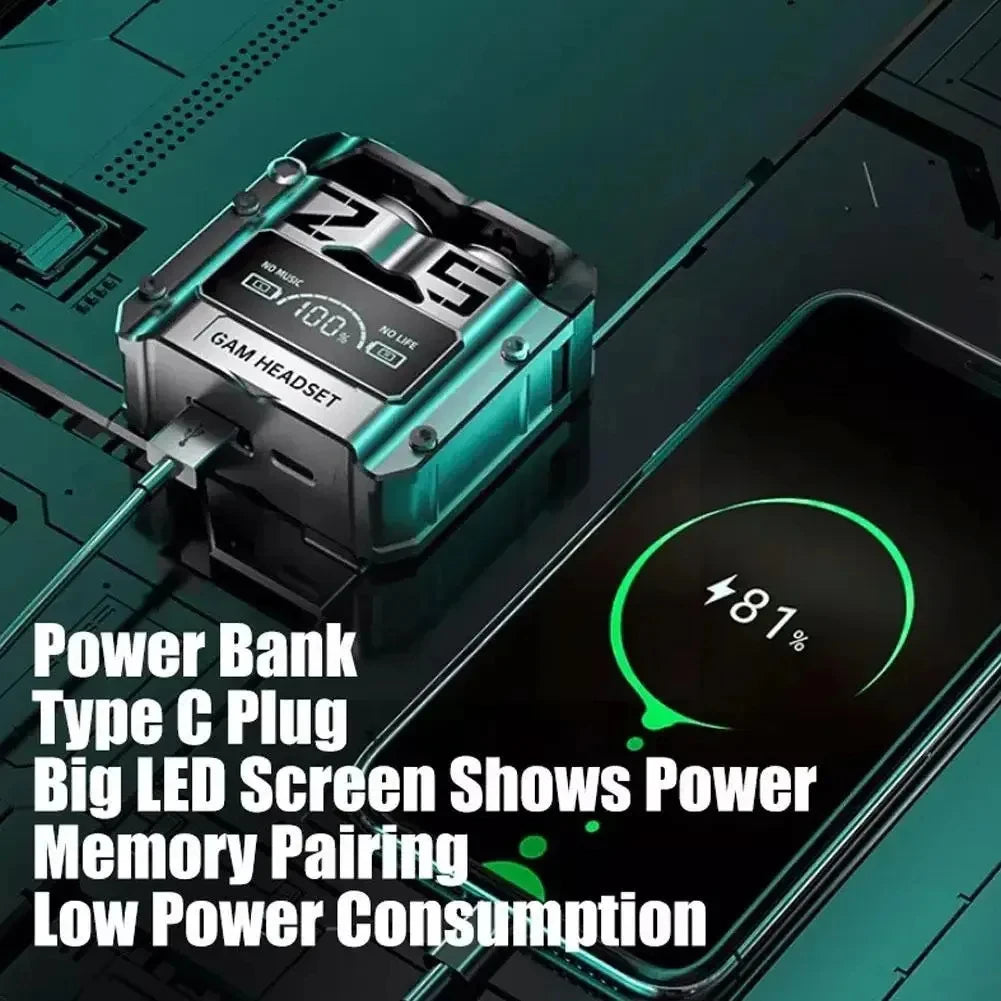 Power bank with Type C plug and LED screen on a technical background