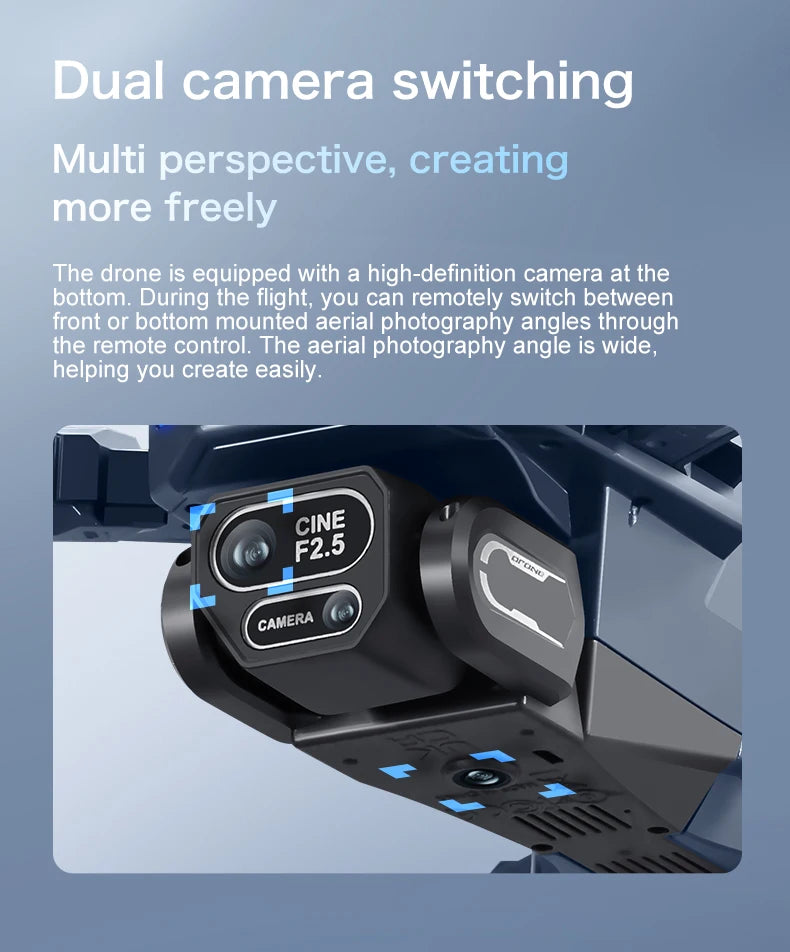 Drone camera with dual camera switching feature on a blue background