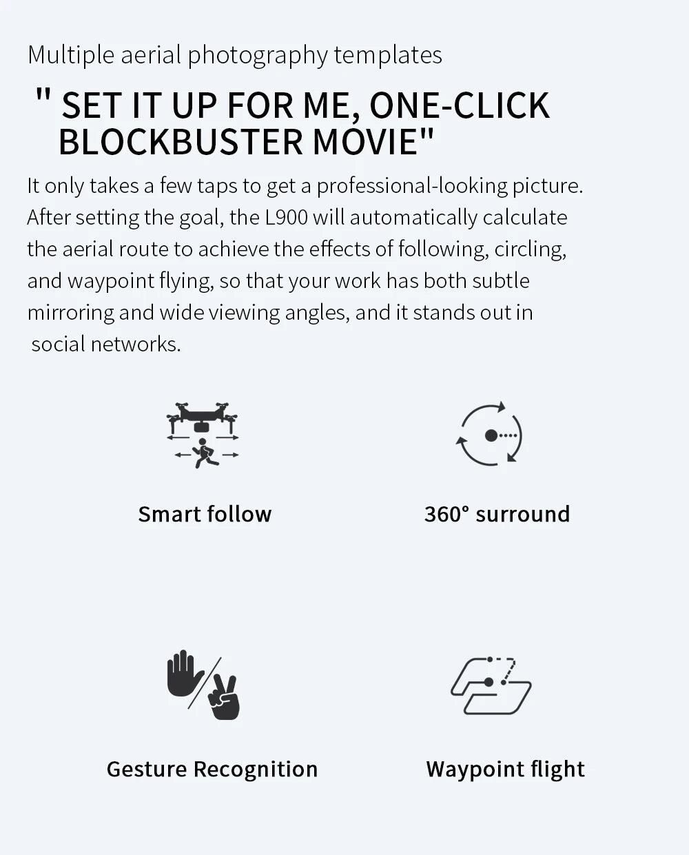 Aerial photography template with features like smart follow, 360-degree surround, gesture recognition, and waypoint flight.
