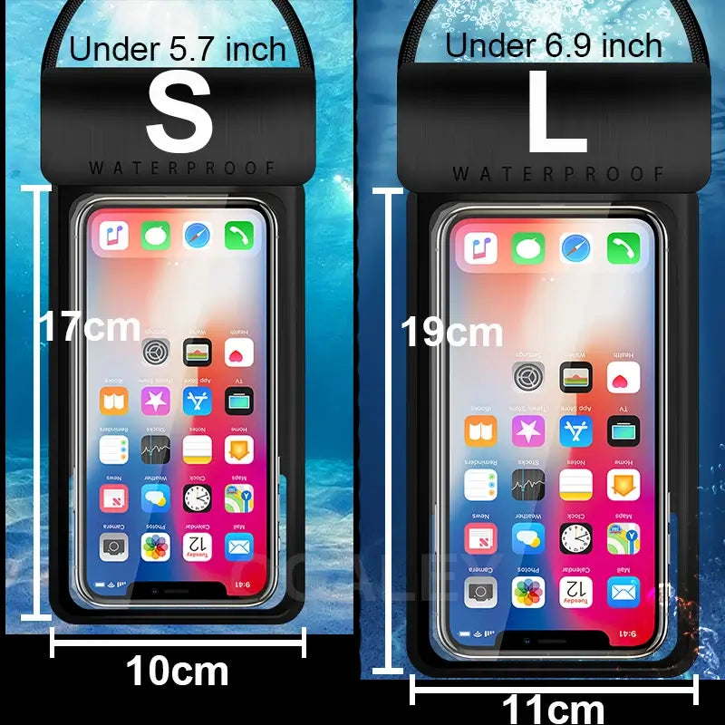 Two waterproof phone cases labeled S and L with smartphone displays inside, showing app icons and measurements