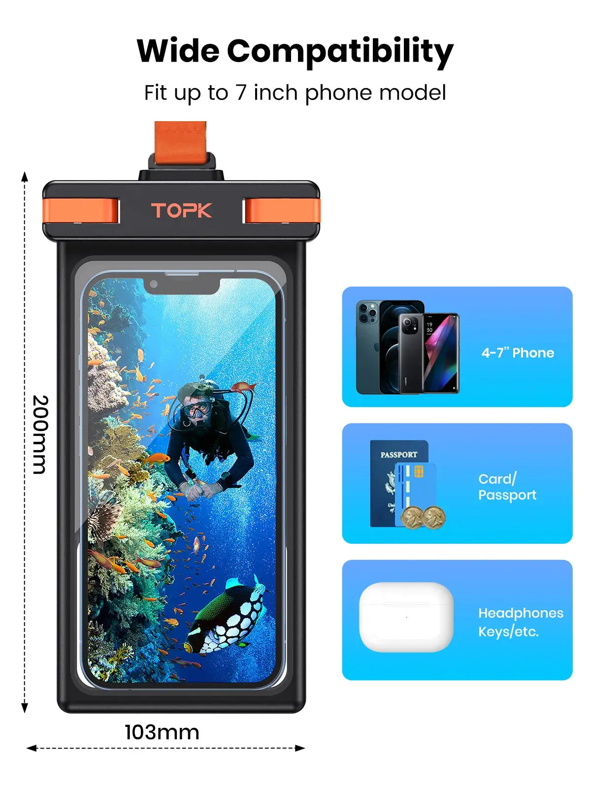 TOPK waterproof phone pouch with compatibility details on a white background