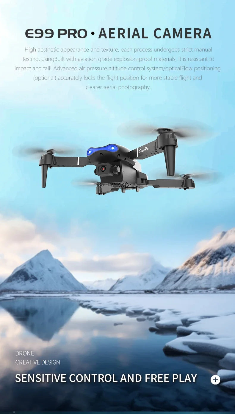 E99 Pro aerial camera drone with mountainous landscape background