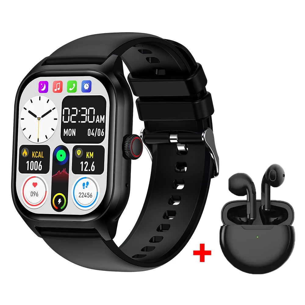 Black smartwatch with colorful display and black earbuds in a case on a white background