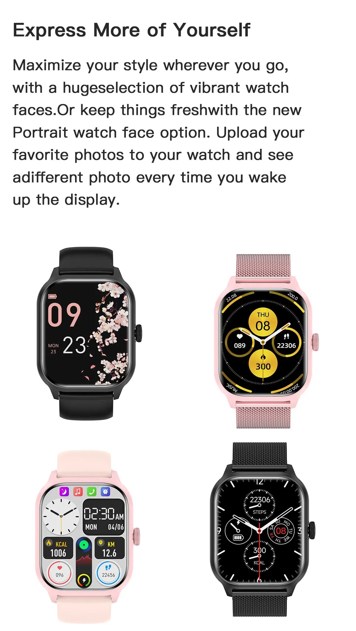 Four smartwatches with different display faces on a white background
