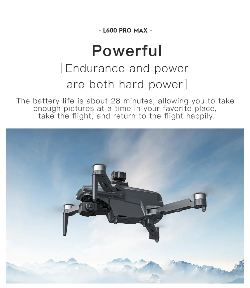 Drone with text about endurance and power capabilities against a sky background