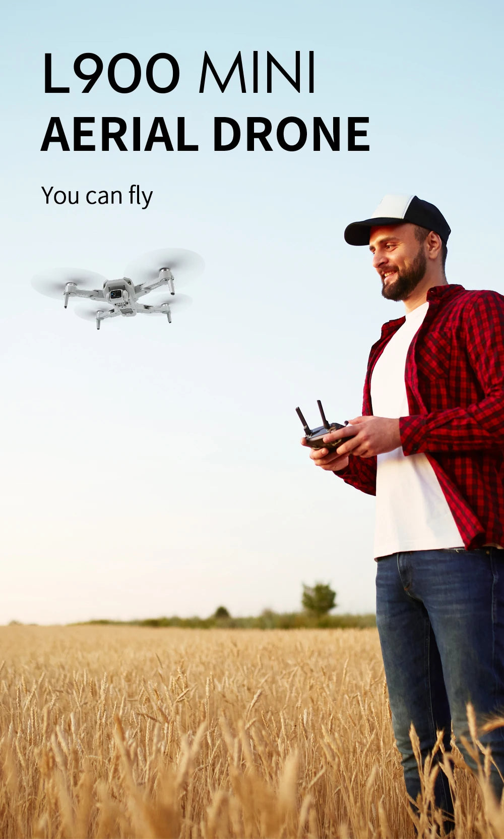 Man holding a drone remote control with text 'L900 MINI AERIAL DRONE' and 'You can fly' in an outdoor setting.