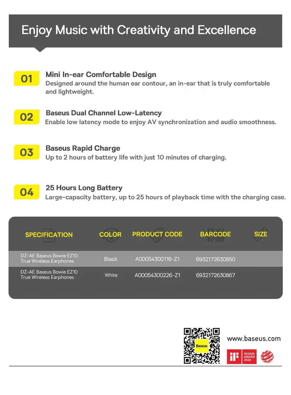 Product advertisement for Baseus earphones with features and specifications displayed on a white background
