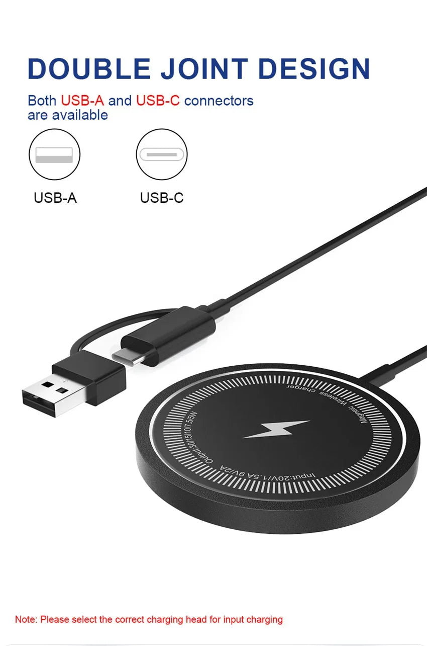 Magnetic wireless charger with double joint design featuring USB-A and USB-C connectors