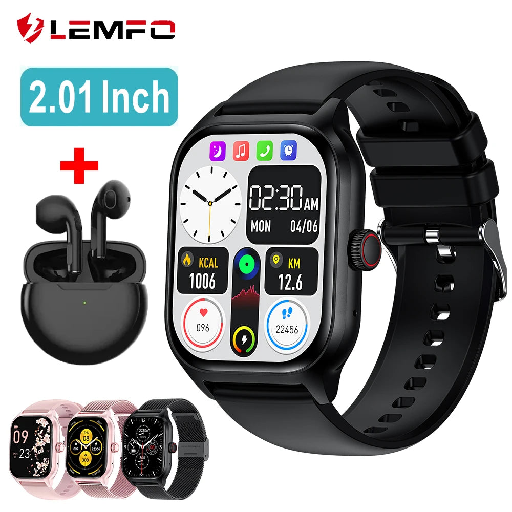 Smartwatch with black band and earbuds, featuring LEMFO branding and 2.01-inch display.