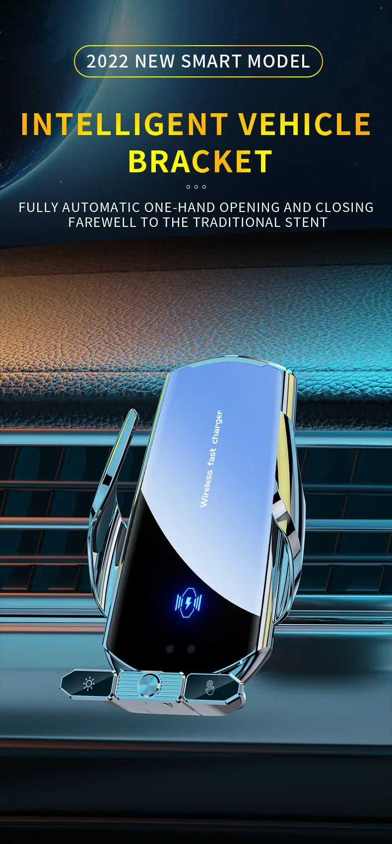 Intelligent vehicle bracket with blue light indicator on a car vent background