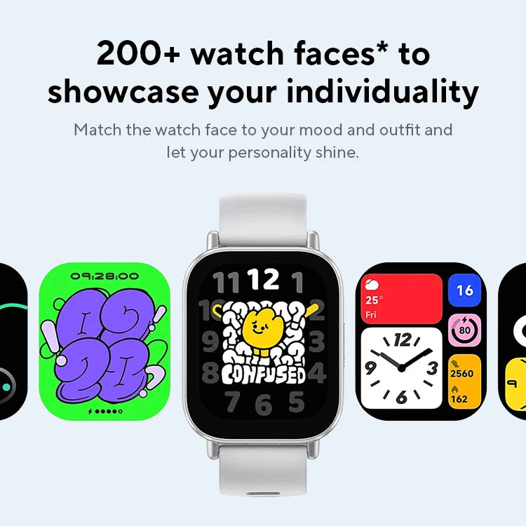 Smartwatch with various colorful watch faces displayed on a white background