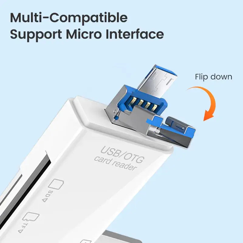 USB/OTG card reader with micro interface on a light blue background