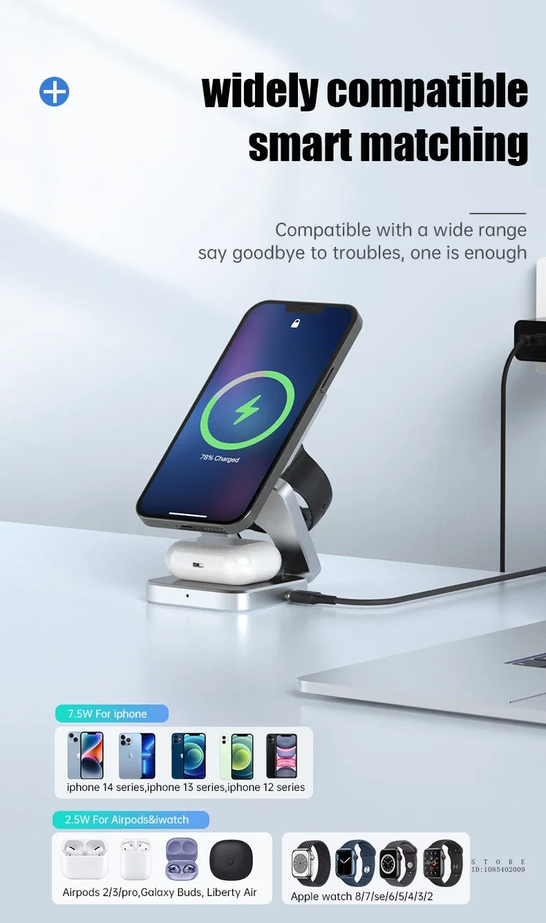 Wireless charging stand with smartphone on a white surface, text about compatibility.