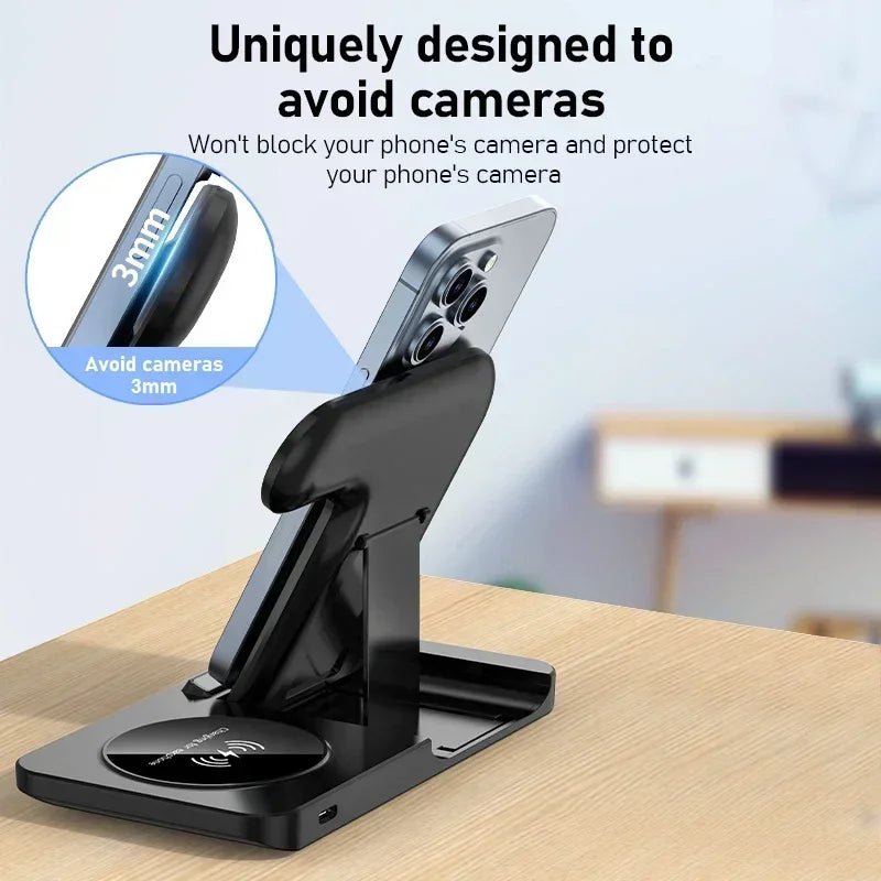 Phone stand on a table with text highlighting its design to avoid blocking cameras.