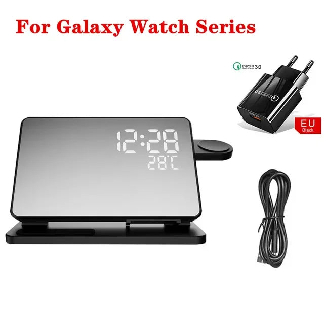 Smartphone dock with digital display, power adapter, and cable for Samsung Galaxy Watch series on a white background.