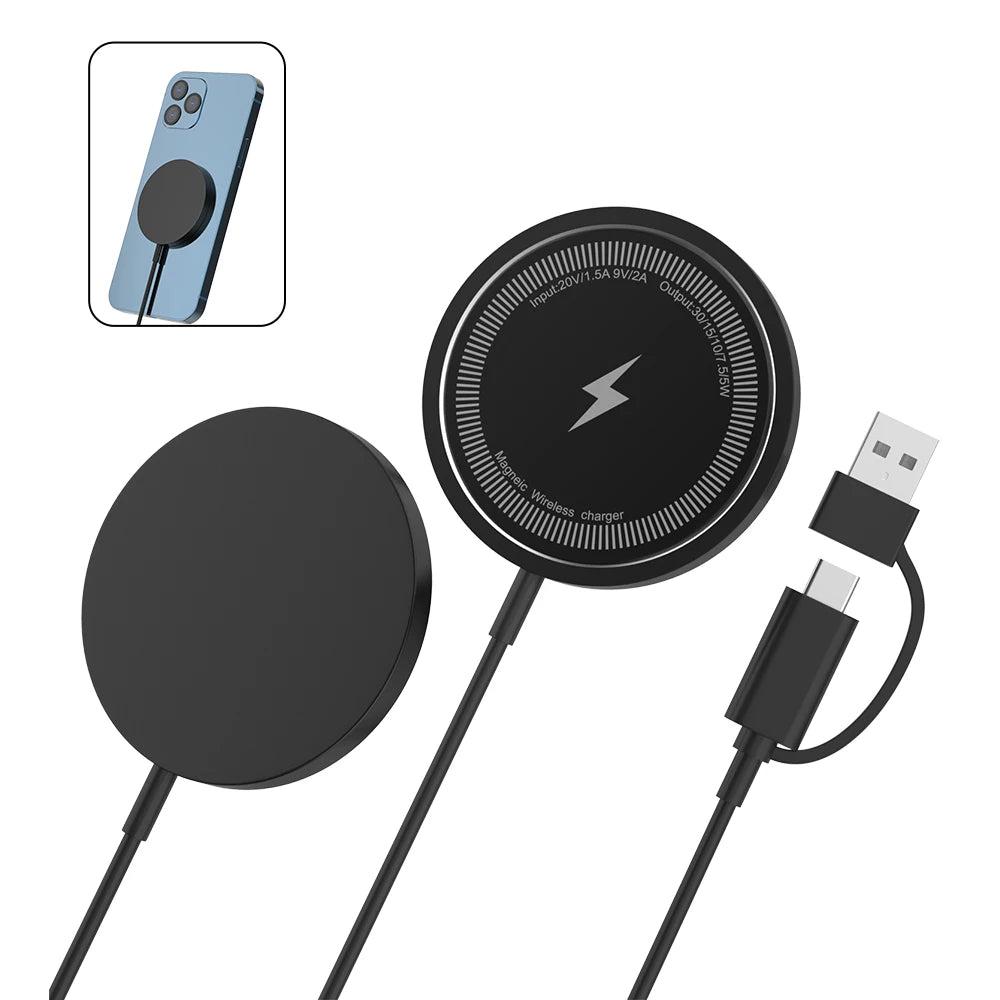 Black magnetic wireless charger with USB-A and USB-C cable compatible with MagSafe iPhone devices.