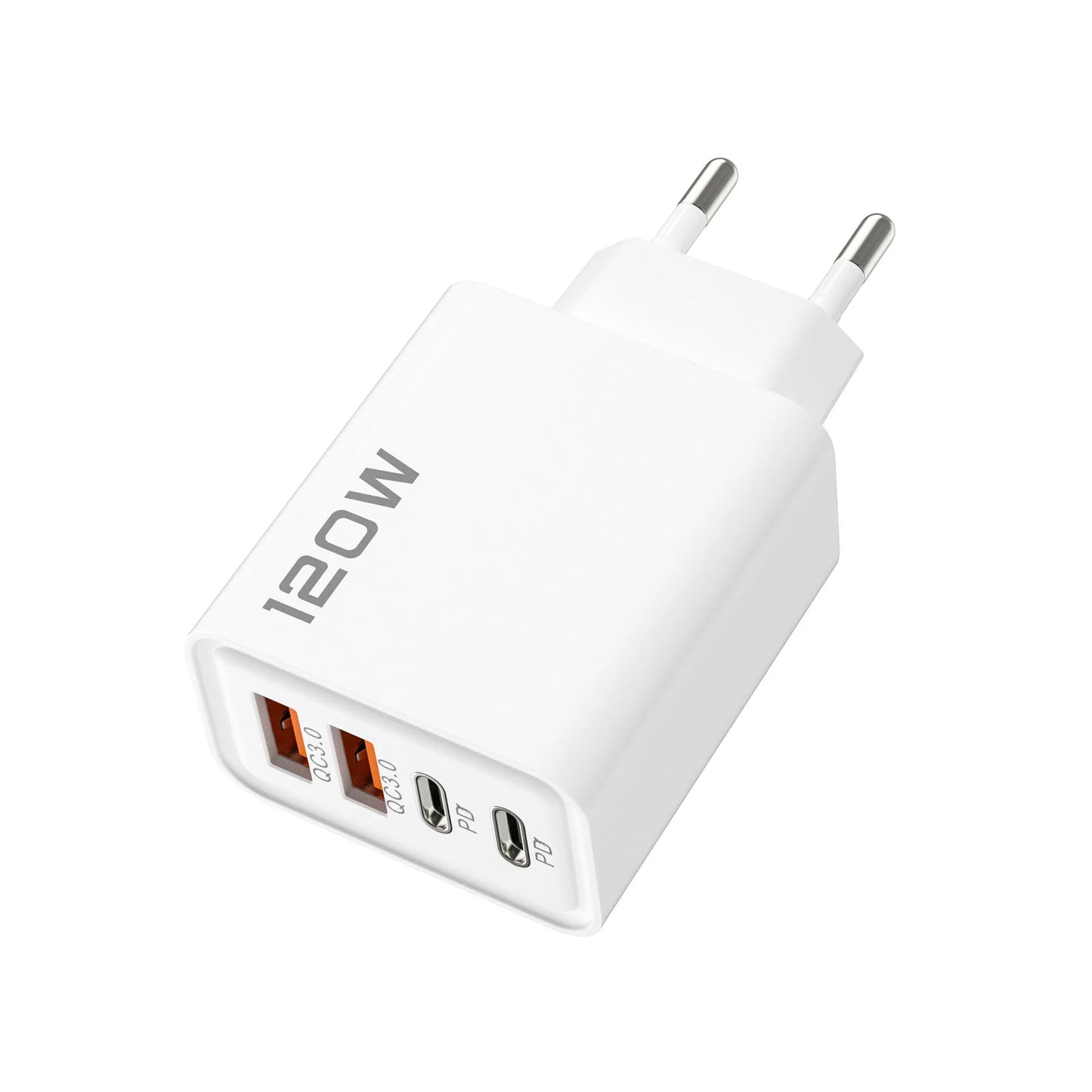 White power adapter with multiple USB ports on a white background